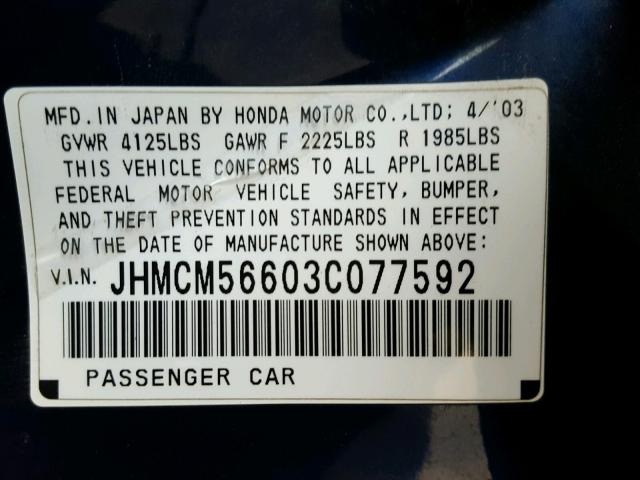 JHMCM56603C077592 - 2003 HONDA ACCORD EX BLUE photo 10