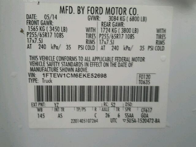 1FTEW1CM6EKE52698 - 2014 FORD F150 SUPER WHITE photo 10