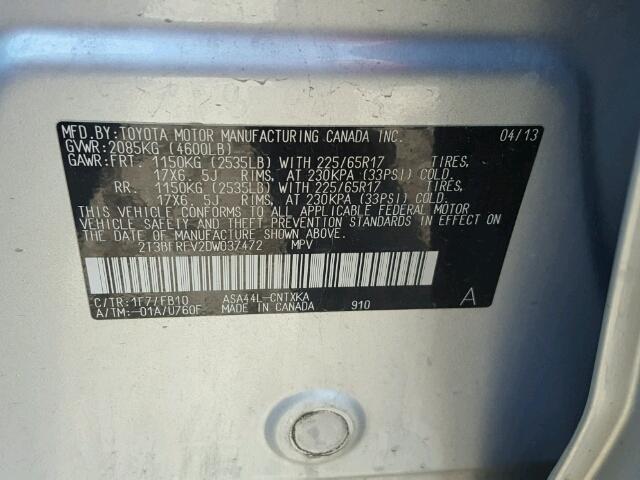 2T3BFREV2DW037472 - 2013 TOYOTA RAV4 LE Gümüş foto 10