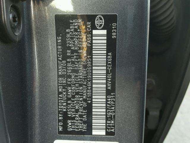 4T1BB46K19U069851 - 2009 TOYOTA CAMRY HYBR GRAY photo 10