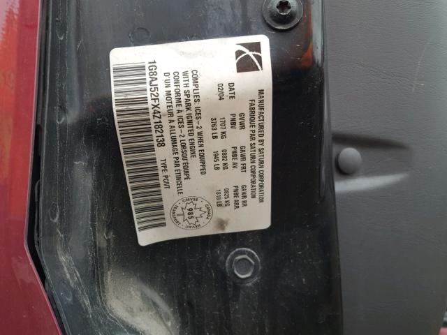 1G8AJ52FX4Z182138 - 2004 SATURN ION LEVEL BURGUNDY photo 10