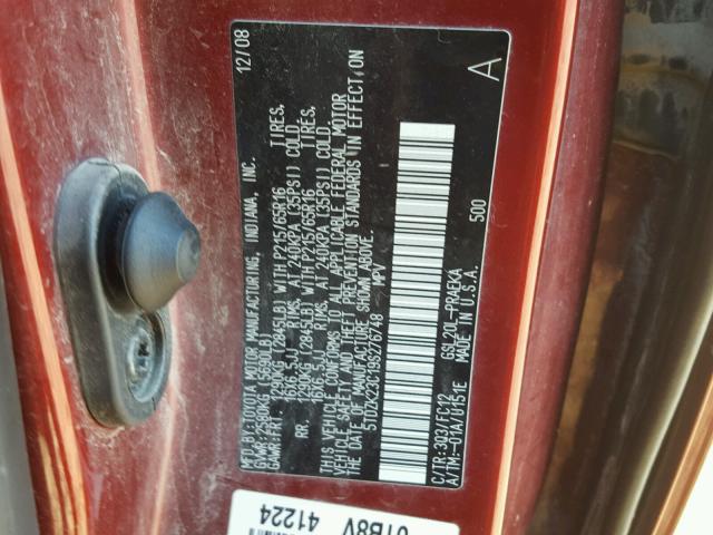 5TDZK23C19S276748 - 2009 TOYOTA SIENNA CE RED photo 10