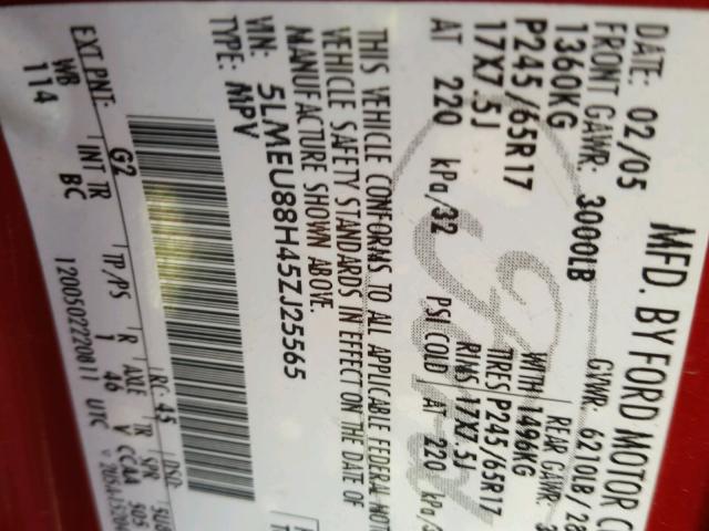 5LMEU88H45ZJ25565 - 2005 LINCOLN AVIATOR 红色 照片 10