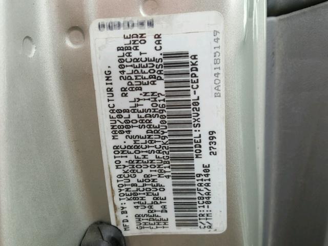 4T1BG22K9YU009617 - 2000 TOYOTA CAMRY CE GRAY photo 10