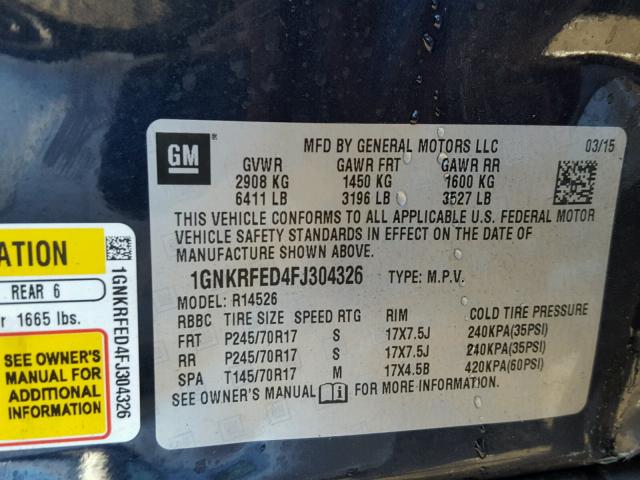 1GNKRFED4FJ304326 - 2015 CHEVROLET TRAVERSE L BLUE photo 10