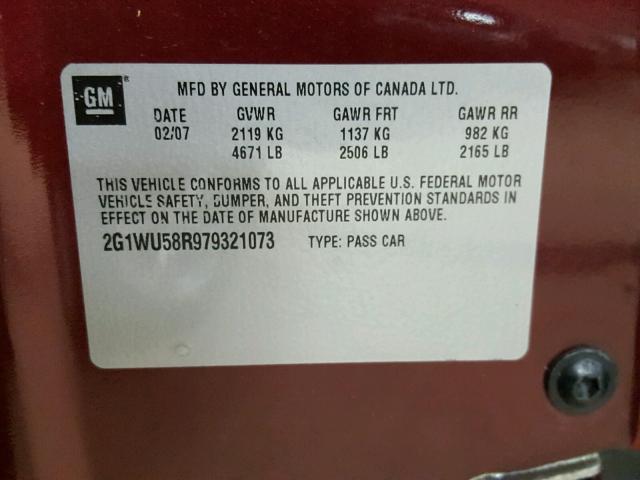 2G1WU58R979321073 - 2007 CHEVROLET IMPALA LTZ MAROON photo 10