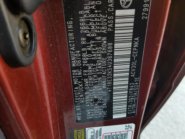 4T1BE32K54U367688 - 2004 TOYOTA CAMRY LE 红色 照片 10