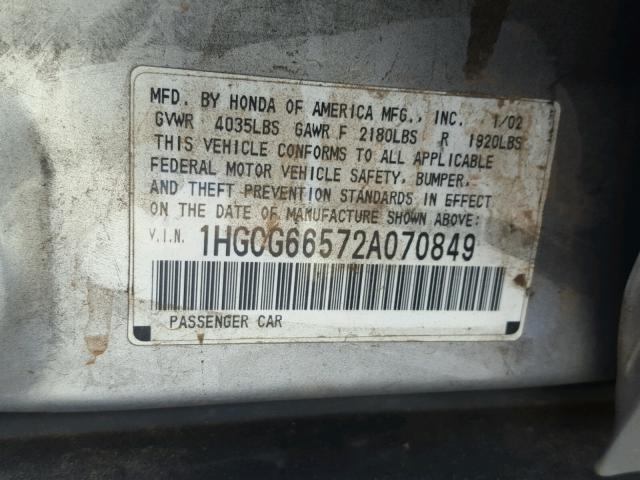 1HGCG66572A070849 - 2002 HONDA ACCORD LX SILVER photo 10