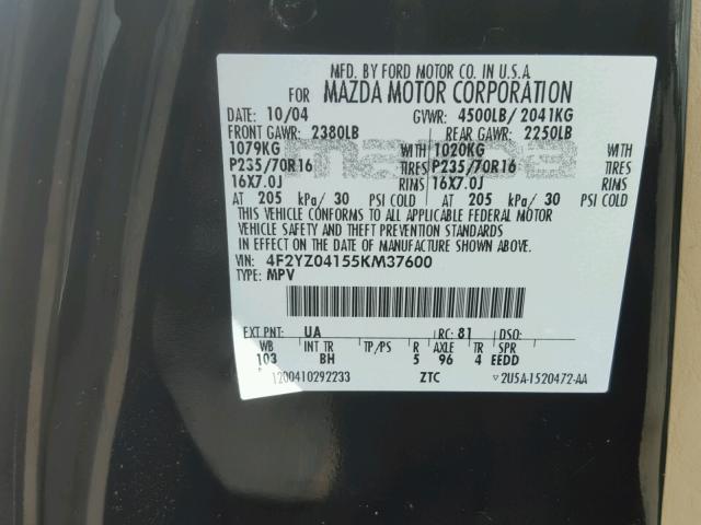 4F2YZ04155KM37600 - 2005 MAZDA TRIBUTE S BLACK photo 10