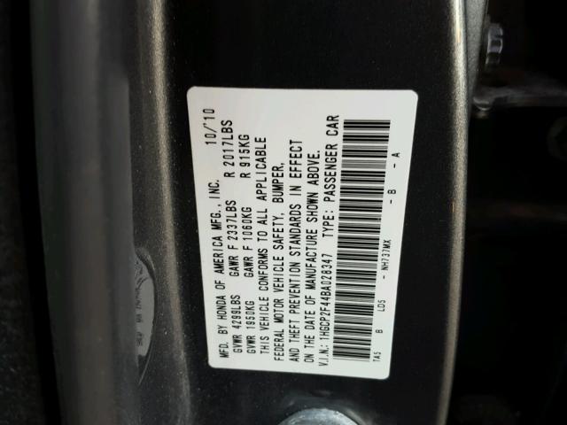 1HGCP2F44BA028347 - 2011 HONDA ACCORD LXP GRAY photo 10