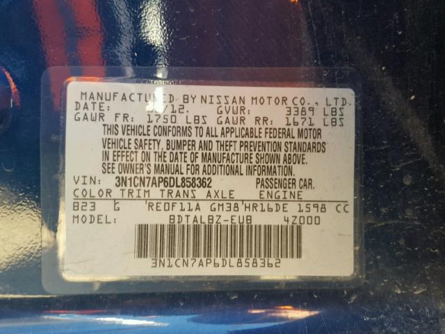 3N1CN7AP6DL858362 - 2013 NISSAN VERSA S BLUE photo 10