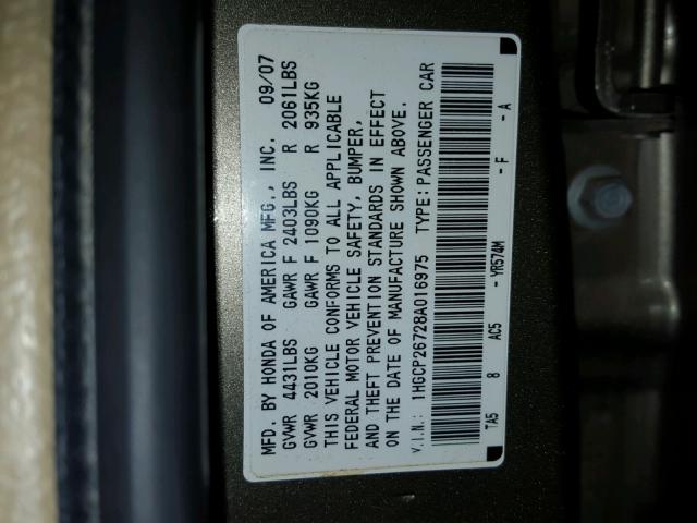 1HGCP26728A016975 - 2008 HONDA ACCORD EX BROWN photo 10