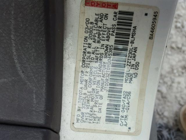 JTDDR32T0Y0045385 - 2000 TOYOTA CELICA GT WHITE photo 10