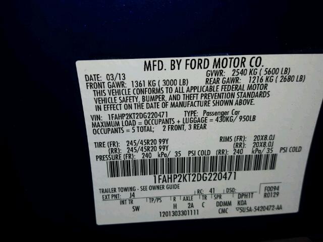 1FAHP2KT2DG220471 - 2013 FORD TAURUS SHO BLUE photo 10