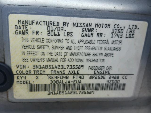 3N1AB51A23L735589 - 2003 NISSAN SENTRA SE- SILVER photo 10