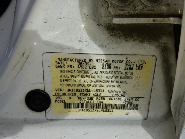 3N1CB51DX6L465311 - 2006 NISSAN SENTRA 1.8 WHITE photo 10