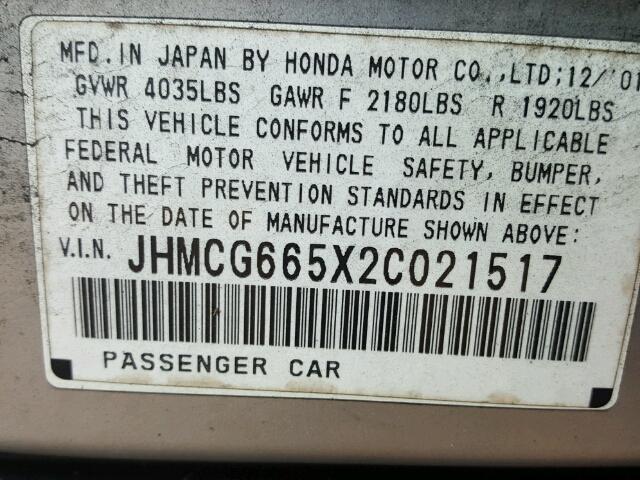 JHMCG665X2C021517 - 2002 HONDA ACCORD LX SILVER photo 10