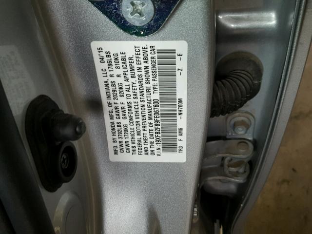 19XFB2F89FE067600 - 2015 HONDA CIVIC EX 银色 照片 10