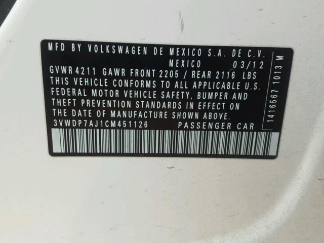 3VWDP7AJ1CM451126 - 2012 VOLKSWAGEN JETTA SE Ağ foto 10