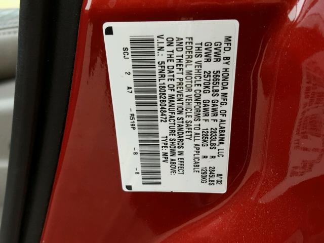 5FNRL18082B048472 - 2002 HONDA ODYSSEY EX MAROON photo 10