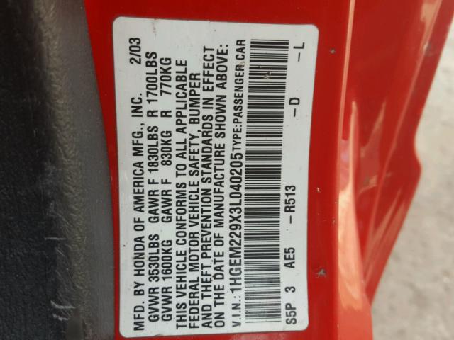 1HGEM229X3L040205 - 2003 HONDA CIVIC EX 红色 照片 10