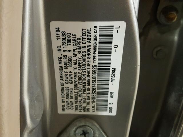 1HGES26745L006925 - 2005 HONDA CIVIC EX TAN photo 10