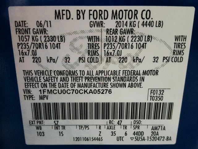 1FMCU0C70CKA05276 - 2012 FORD ESCAPE XLS BLUE photo 10