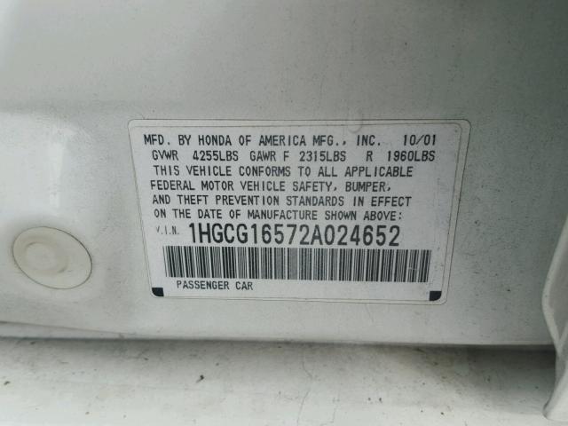 1HGCG16572A024652 - 2002 HONDA ACCORD EX WHITE photo 10