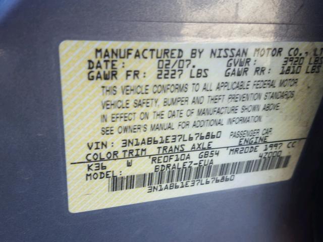 3N1AB61E37L676860 - 2007 NISSAN SENTRA 2.0 SILVER photo 10