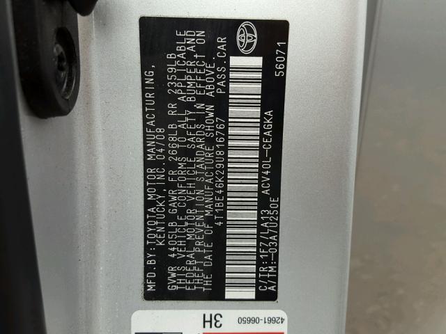 4T1BE46K29U816767 - 2009 TOYOTA CAMRY BASE SILVER photo 10