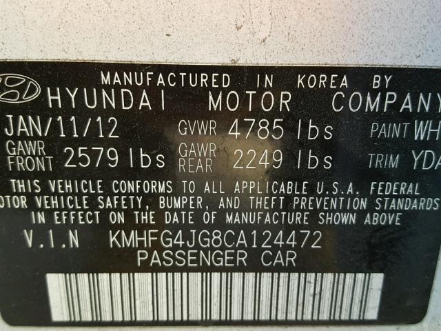 KMHFG4JG8CA124472 - 2012 HYUNDAI AZERA GLS WHITE photo 10