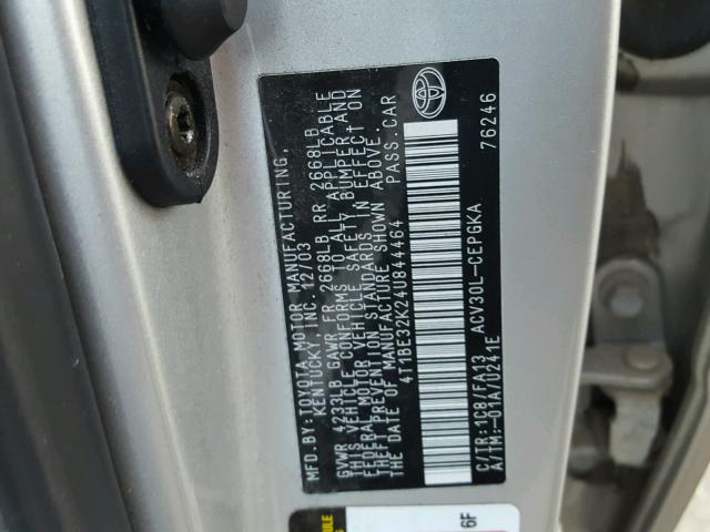 4T1BE32K24U844464 - 2004 TOYOTA CAMRY LE SILVER photo 10