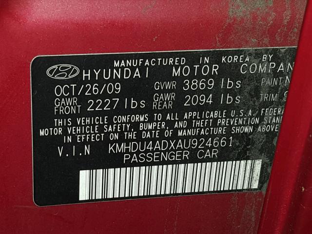 KMHDU4ADXAU924661 - 2010 HYUNDAI ELANTRA BL RED photo 10