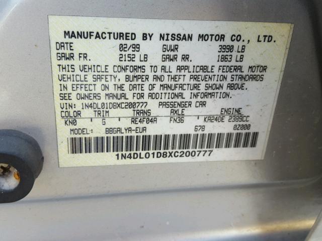 1N4DL01D8XC200777 - 1999 NISSAN ALTIMA XE SILVER photo 10