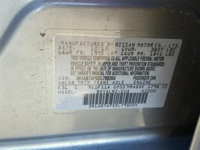 3N1AB7AP5DL798204 - 2013 NISSAN SENTRA S SILVER photo 10