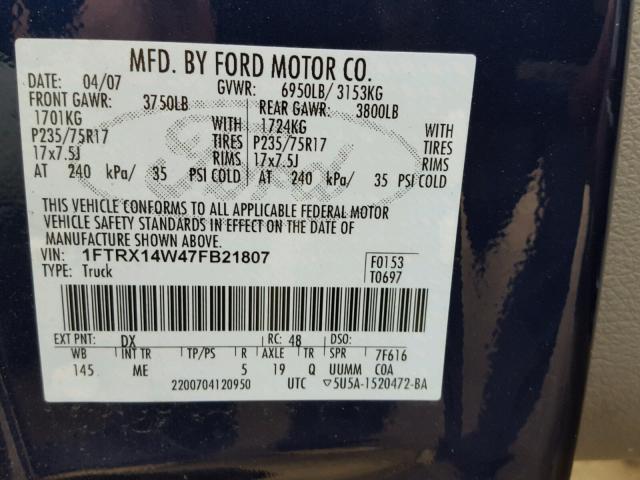 1FTRX14W47FB21807 - 2007 FORD F150 BLUE photo 10