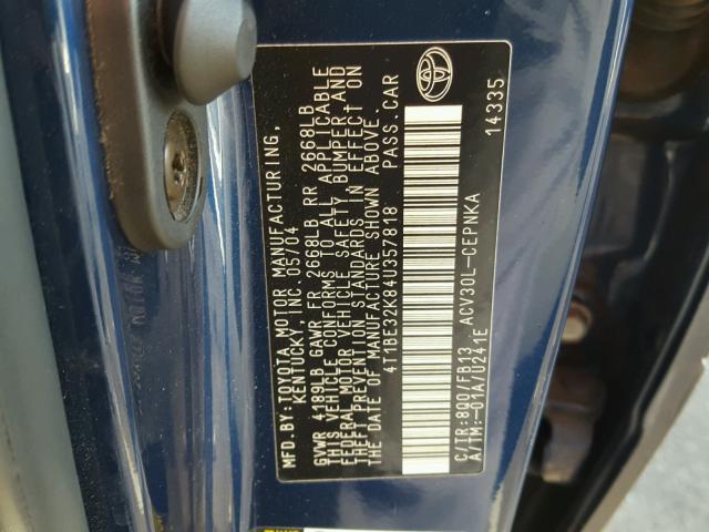 4T1BE32K84U357818 - 2004 TOYOTA CAMRY LE 蓝色 照片 10
