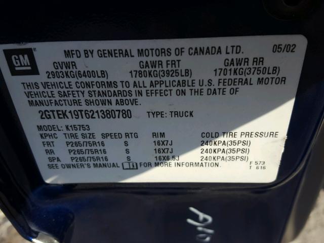 2GTEK19T621380780 - 2002 GMC NEW SIERRA BLUE photo 10