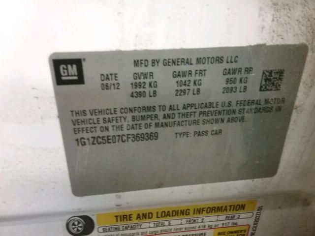 1G1ZC5E07CF369369 - 2012 CHEVROLET MALIBU 1LT WHITE photo 10