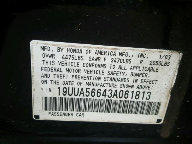 19UUA56643A061813 - 2003 ACURA 3.2TL BLACK photo 10