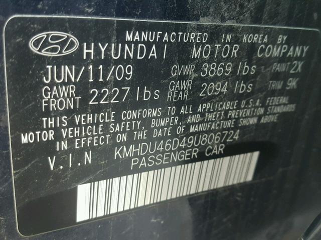 KMHDU46D49U806724 - 2009 HYUNDAI ELANTRA GL BLACK photo 10