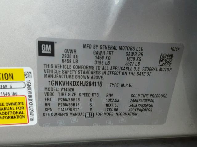 1GNKVHKDXHJ204116 - 2017 CHEVROLET TRAVERSE L SILVER photo 10