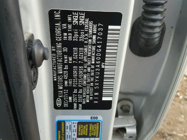 5XYKU3A60DG417037 - 2013 KIA SORENTO EX Gümüş foto 10