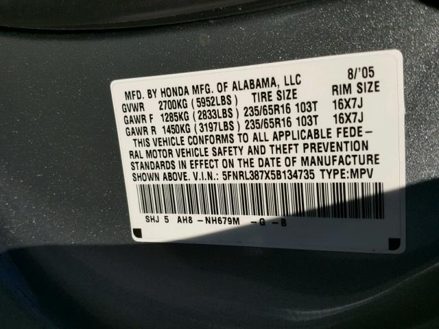 5FNRL387X5B134735 - 2005 HONDA ODYSSEY EX GRAY photo 10