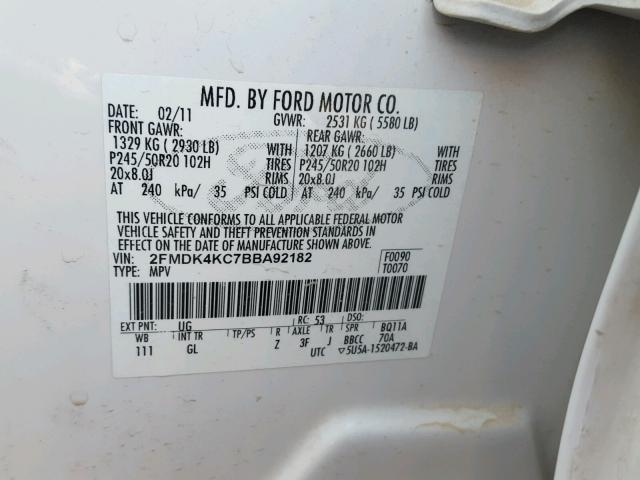 2FMDK4KC7BBA92182 - 2011 FORD EDGE LIMIT WHITE photo 10