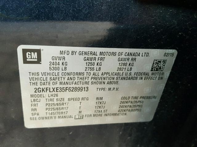 2GKFLXE35F6289913 - 2015 GMC TERRAIN SL BLUE photo 10