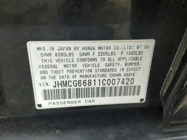 JHMCG66811C007420 - 2001 HONDA ACCORD EX BLACK photo 10