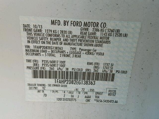 1FAHP2D82EG138363 - 2014 FORD TAURUS SE WHITE photo 10