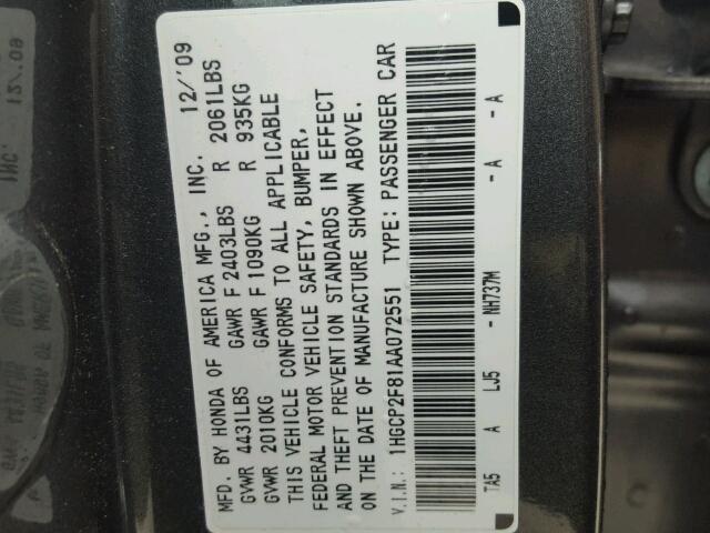 1HGCP2F81AA072551 - 2010 HONDA ACCORD EXL GRAY photo 10