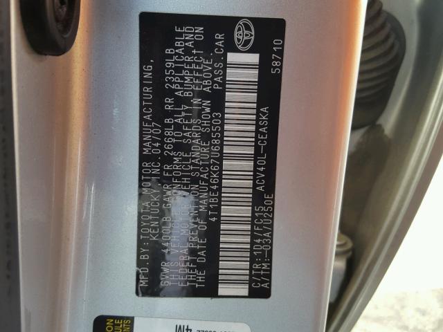 4T1BE46K67U685503 - 2007 TOYOTA CAMRY NEW SILVER photo 10